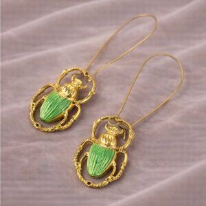 Vintage Green Beetle Gold Earrings